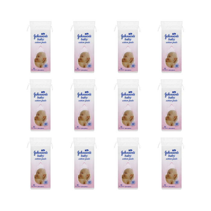Johnson's Baby Cotton Pads Softening 50 pack on a clean bathroom shelf
