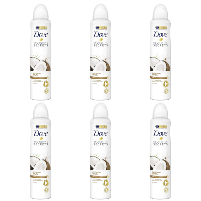 Dove Coconut & Jasmine Moisturising Cream Anti-Perspirant Spray 250ml - Pack of 6