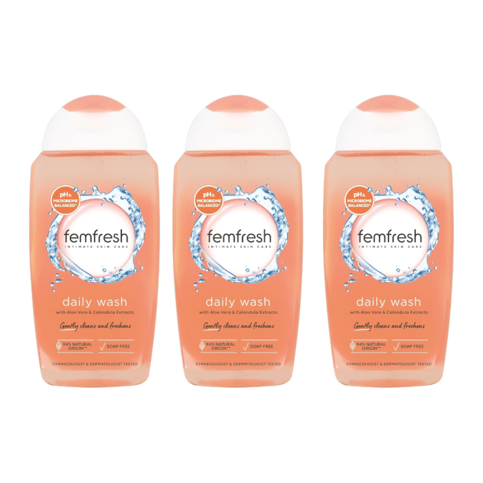 Femfresh Intimate Skincare Daily Wash 250ml bottle on a clean bathroom shelf
