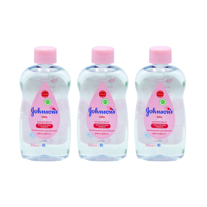 Johnson's Baby Oil Pure and Gentle Daily Care 300ml bottle on a clean nursery shelf
