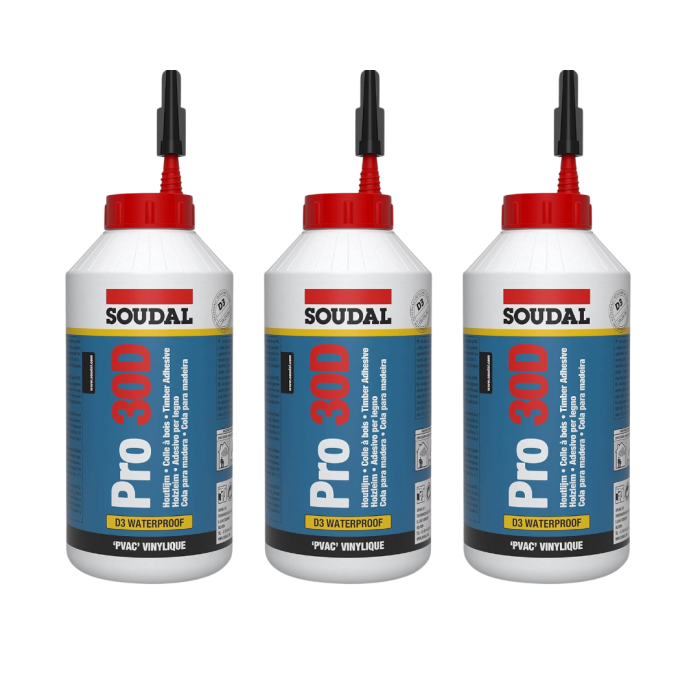 Soudal Pro 30D Wood Glue Waterproof Adhesive for Joinery 750g - Pack of 3