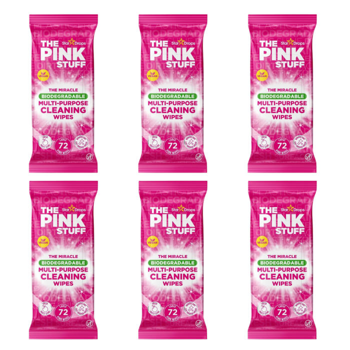 The Pink Stuff Multi-Purpose Cleaning Wipes, 72 Biodegradable Wipes - Pack of 6