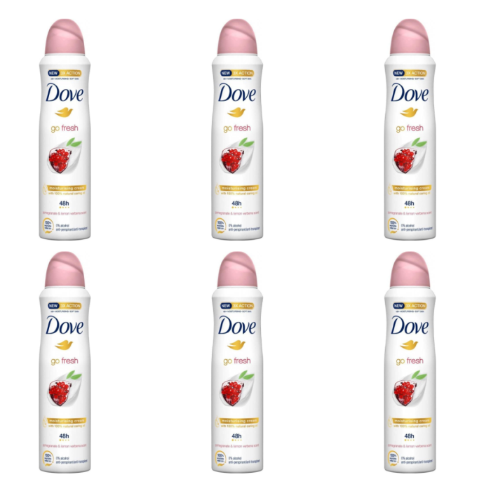 Dove Go Fresh Pomegranate Antiperspirant Deodorant Spray 250ml can on bathroom shelf
