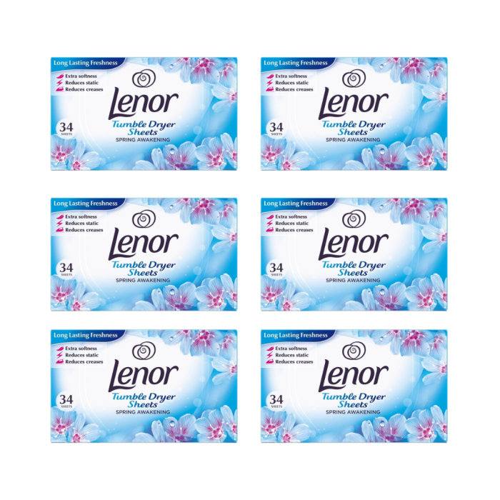 Lenor Tumble Dryer Sheets Spring Awakening Softens Fabric 34 Sheets - Pack of 6