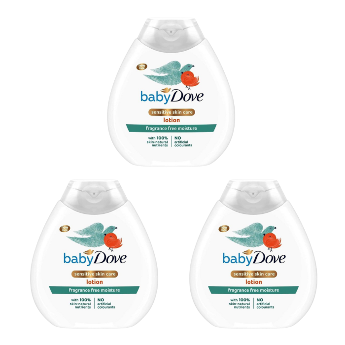 Baby Dove Sensitive Moisture Fragrance Free Lotion 200ml bottle on a nursery shelf
