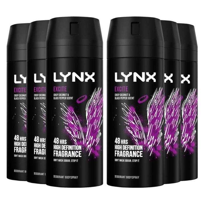 Lynx Excite Men’s Body Spray Deodorant, Coconut & Black Pepper Scent, 150ml - Pack of 6