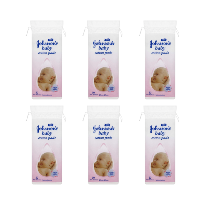 Johnson's Baby Cotton Pads Softening 50 pack on a clean bathroom shelf
