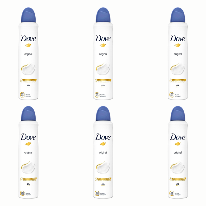 Dove Original Antiperspirant Deodorant Spray 250ml can on a clean bathroom surface
