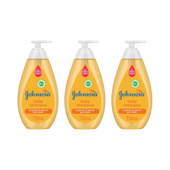 Johnson's Baby Shampoo 750ml bottle on a clean bathroom shelf beside baby bath products
