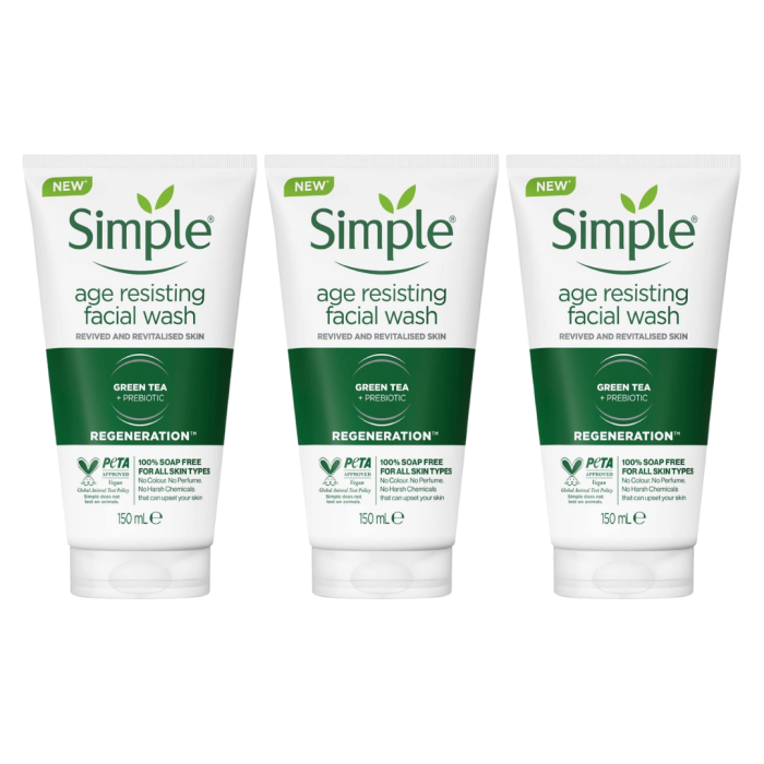 Simple Regeneration Age Resisting Facial Wash 150ml tube on a clean bathroom shelf
