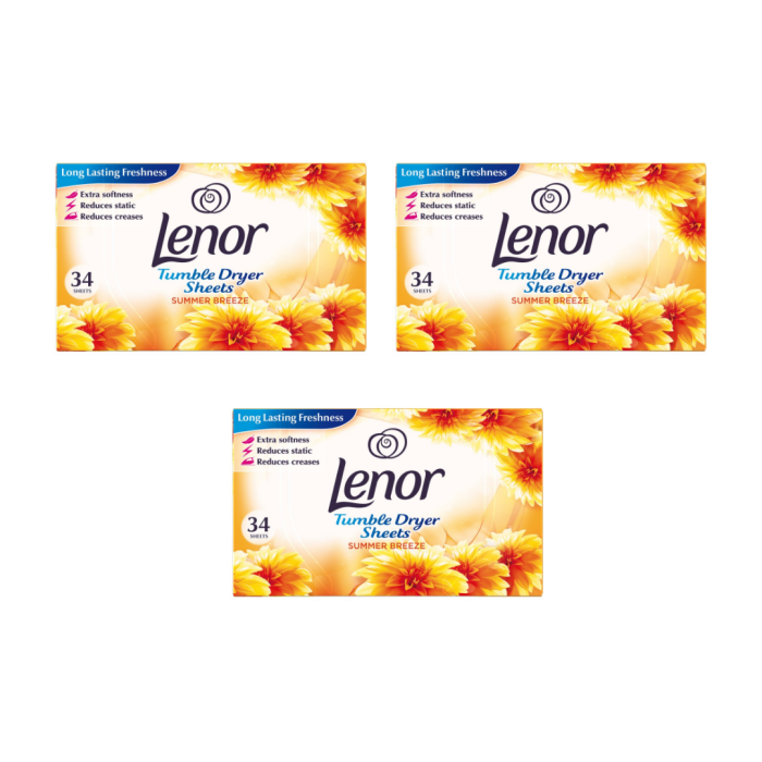 Lenor Tumble Dryer Sheets Summer Breeze Scent 34 Sheets - Pack of 3