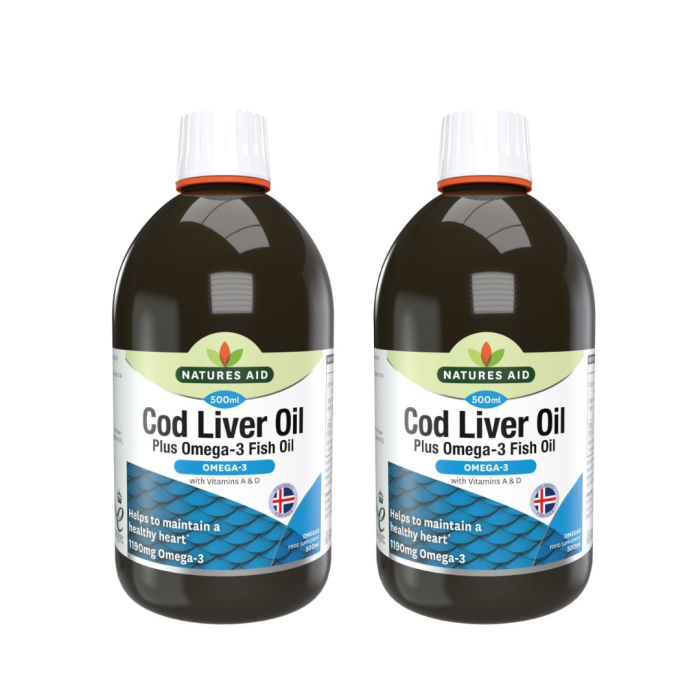Natures Aid Cod Liver Oil Plus Omega-3 Fish Oil for Heart 500ml - Pack of 2