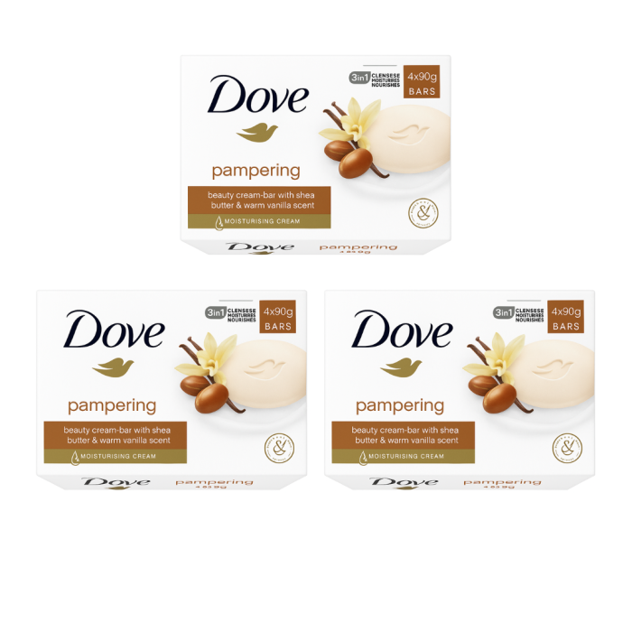 Dove Pampering Shea Butter and Vanilla Soap Bars pack of 4 × 90g on white background
