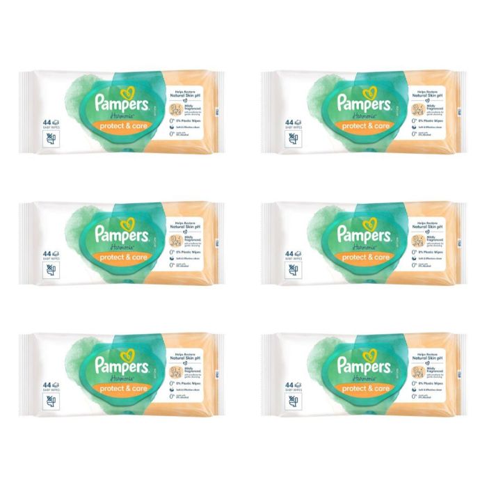 Pampers Harmonie Protect and Care Baby Wipes 44s pack on a clean nursery shelf
