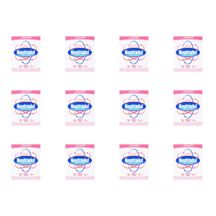 Neutradol Fresh Pink Gel Odour Deodourizer 135ml pot on a bathroom shelf
