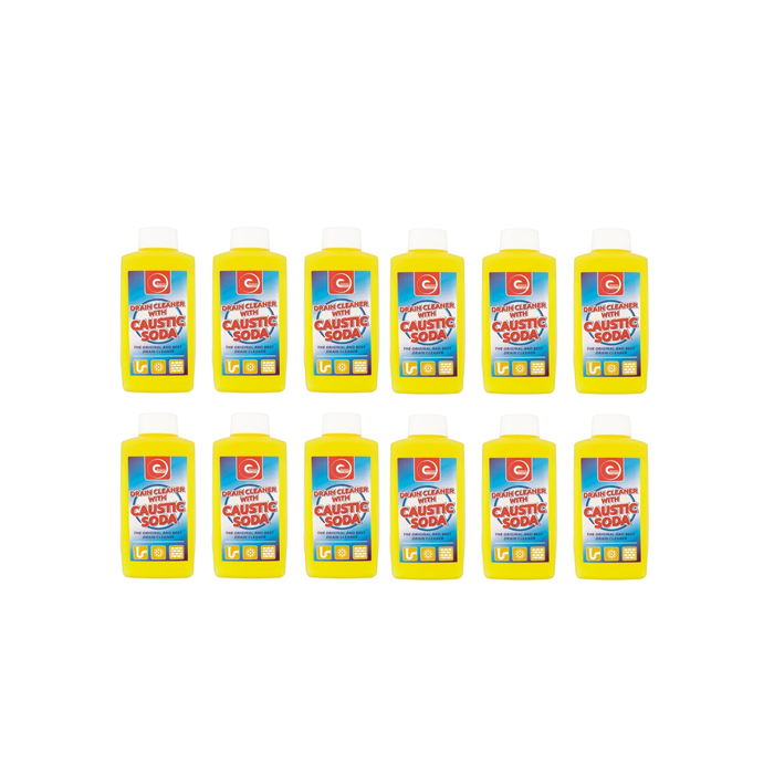 Essential Power Drain Cleaner With Caustic Soda 500g tub on a utility room shelf
