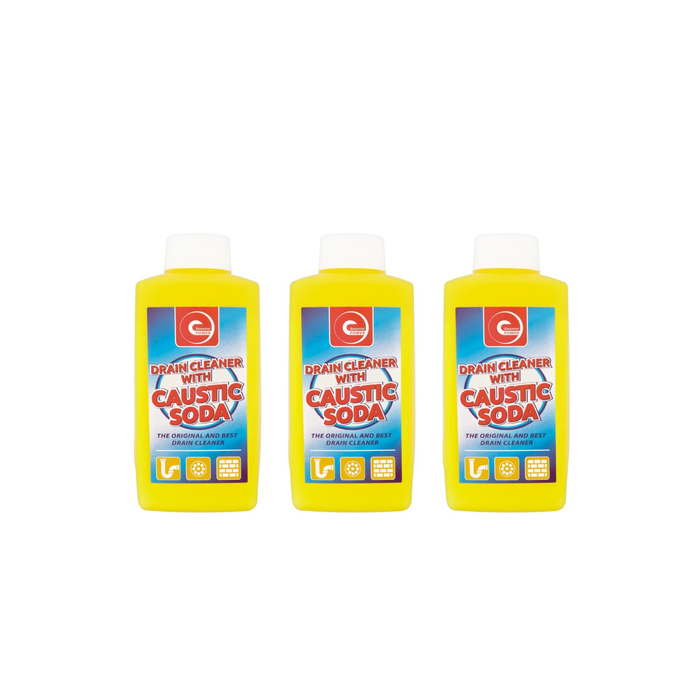 Essential Power Drain Cleaner With Caustic Soda 500g tub on a utility room shelf

