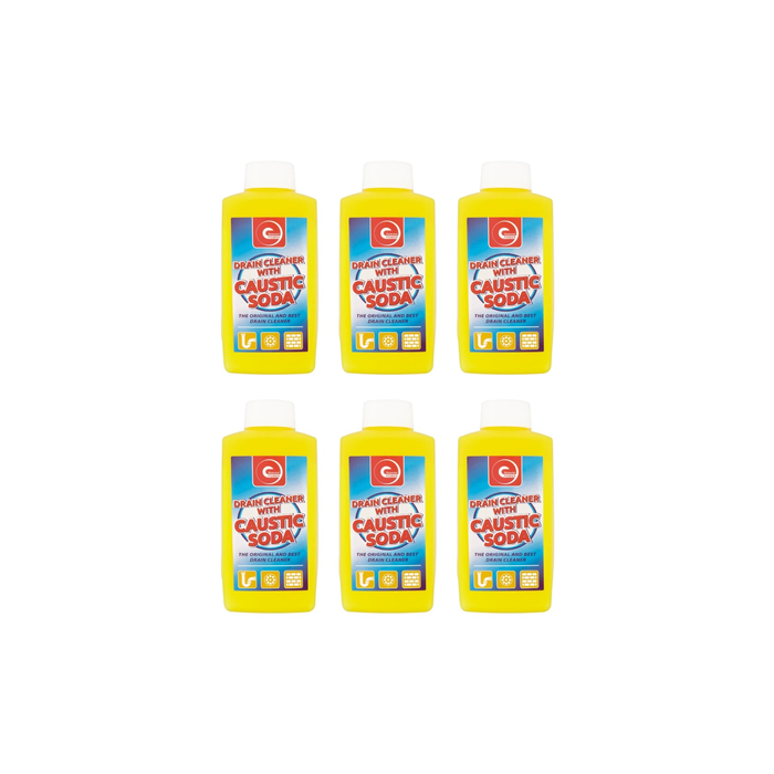 Essential Power Drain Cleaner With Caustic Soda 500g tub on a utility room shelf
