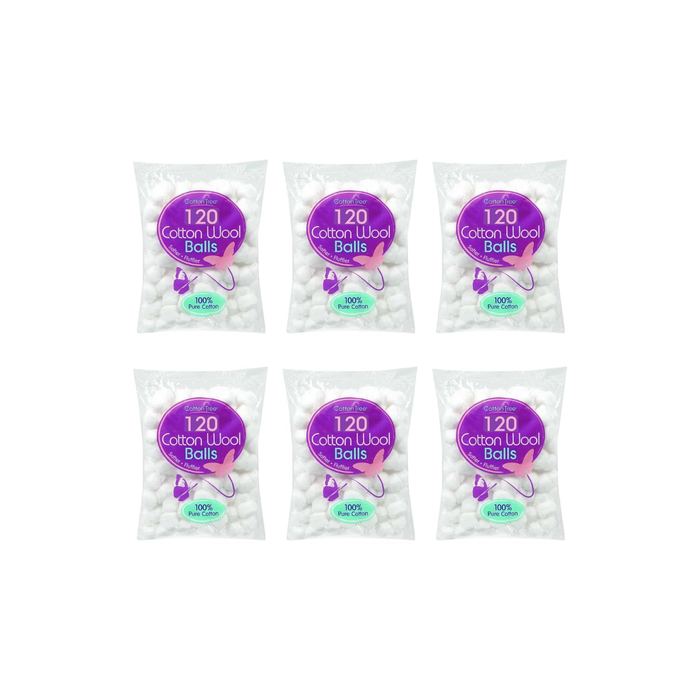 Cotton Tree 120 Cotton Wool Balls 100% Pure Cotton for Gentle Use - Pack of 6